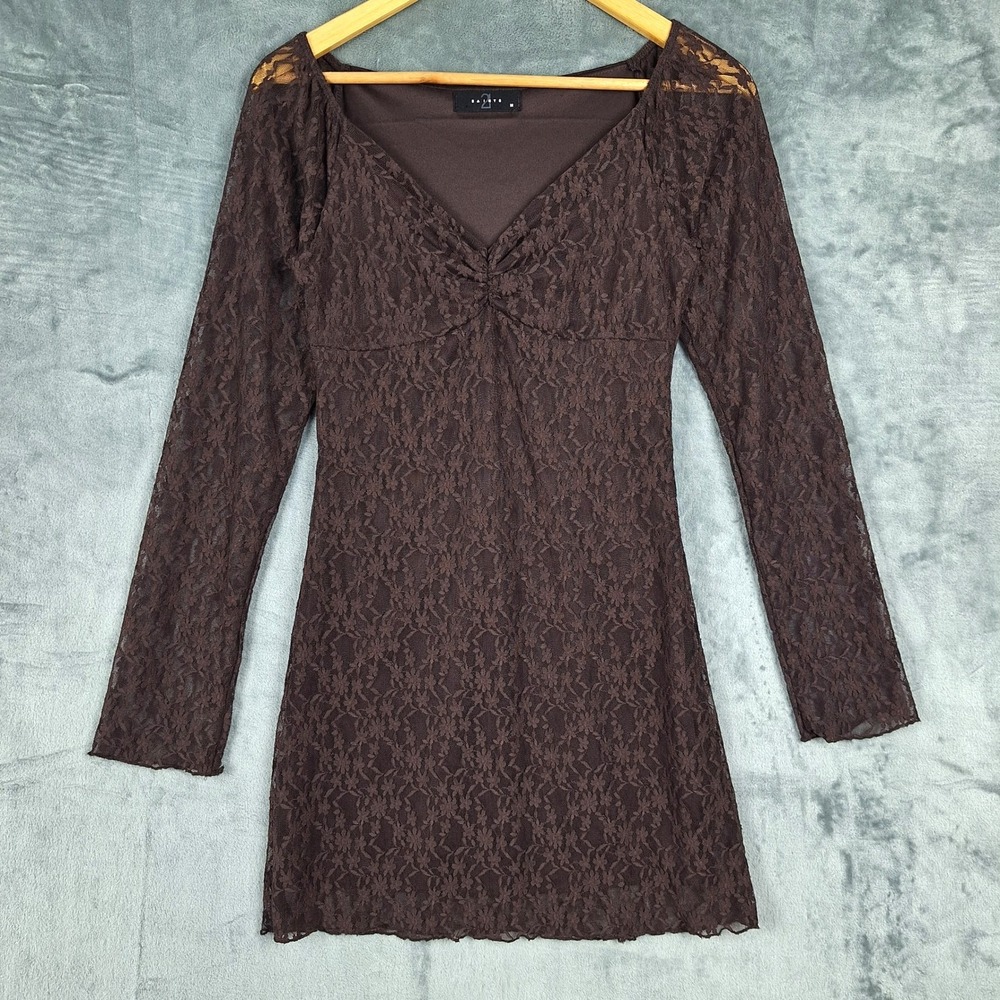 Womens‎ Dress Medium Brown Babydoll Y2K Floral Lace Romantic Fairy Goblincore